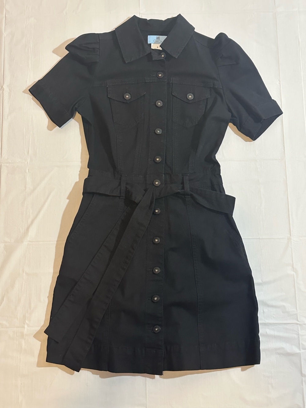 CeCe Black Button-Front Puff Sleeve Shirt Dress with Waist Tie
